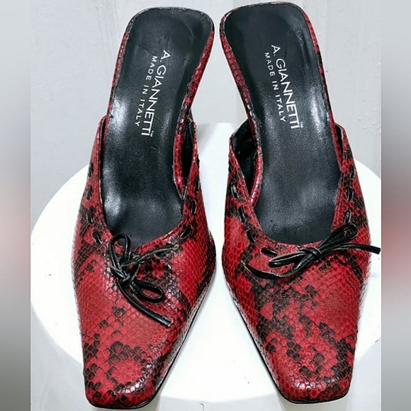 A.Giannetti Leather Python Print Red Mule Heel Shoe Women's Size8🌴 - Picture 3 of 8
